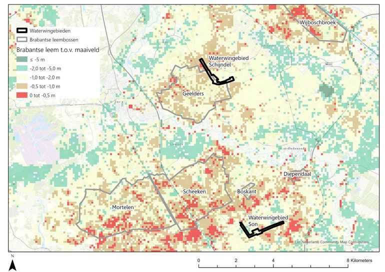 Ligging van waterwingebieden Schijndel en Son (zwarte lijnen) en andere Brabantse leembossen ten opzichte van de diepte van de Brabantse leem