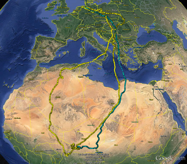 Migratieroute van Grauwe Kiekendief 'Hinrich' 2014/15 (geel) en 2015/16 (blauw). De laatste track is nog niet helemaal gedownload van de logger