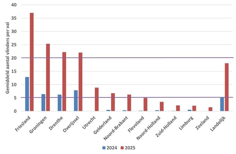 Gemiddeld aantal vlinders per val in 2024 en 2025 per provincie en voor het hele land gemiddeld. Bij vijf of minder vlinders is het jaar erop een lage plaagdruk te verwachten, bij twintig of meer vlinders per val een hoge plaagdruk en daar tussenin een matige plaagdruk