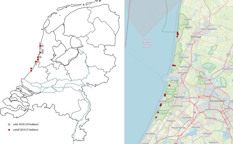 Vindplaatsen van de duinmaskerbij. Links: vindplaatsen in Nederland voor en vanaf 2010. Rechts: vindplaatsen in Noord-Holland vanaf 2010
