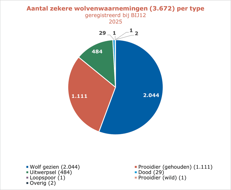 Aantal zekere wolvenwaarnemingen per type geregistreerd bij BIJ12