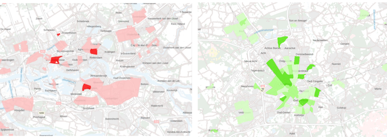 Links: Leefbaarheid buurtenkaart van Rotterdam. Hoe roder de kleur hoe meer kansen voor het verbeteren van de leefbaarheid op het gebied van woningen. Rechts:  Kwetsbaarheid buurten voor klimaatrisico’s in Eindhoven. Hoe  donkerder groen de buurt hoe hoger de kwetsbaarheid van de buurt voor klimaatrisico’s en hoe groter de kansen voor klimaatadaptatie