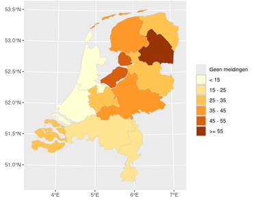Figuur 2: aantal op Tekenradar.nl gemelde tekenbeten per 100 duizend inwoners per provincie in 2023