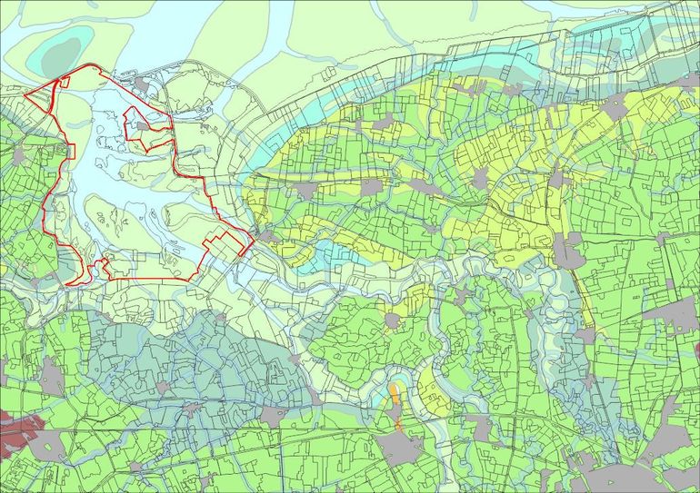 Paleogeografische kaart 1250 na Christus. Tot in de elfde of twaalfde eeuw breidde het water zich uit tot aan de zandrug van Ooster- en Westerzand