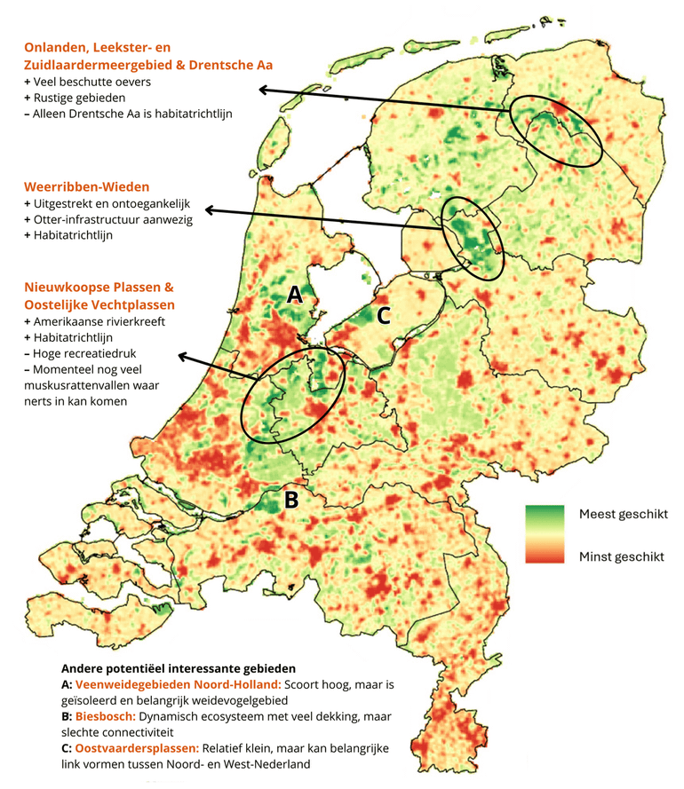 Habitatgeschiktheidskaart voor de Europese nerts in Nederland. De geschiktheid is gebaseerd op landgebruik (weging 3), oeverlengte per km² (weging 2), en wegendichtheid en bebouwingsdichtheid (beide weging 1). Rode gebieden geven het minst geschikte habitat aan en groene gebieden het meest geschikte habitat