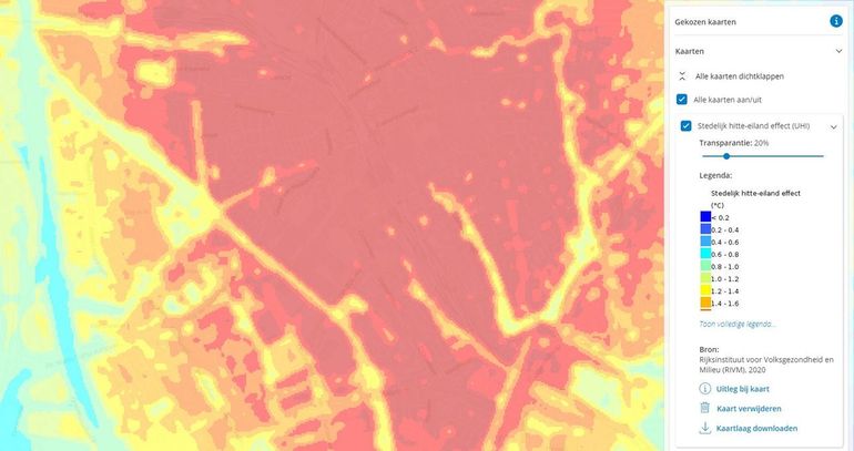 De binnenstad van Utrecht op de kaart Stedelijk hitte-eiland effect
