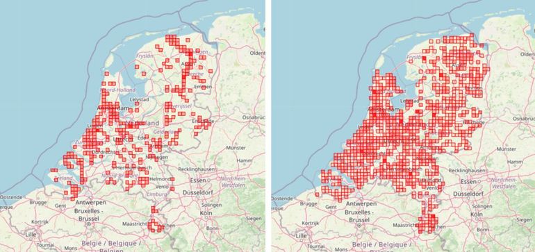 Een overzicht van de waarnemingen ingevoerd op Waarneming.nl tijdens de Mollentellingen van 2022 (links) en 2023 (rechts)