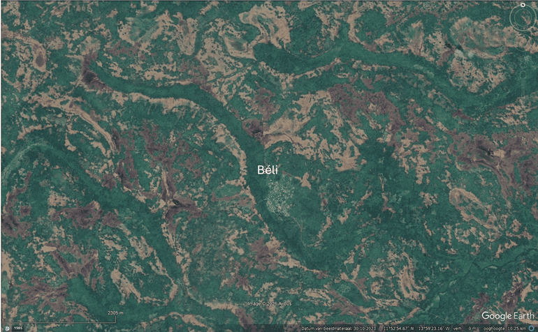 The characteristic forest-savannah mosaic of the Boé around the village of Béli. Gallery forests follow the watercourses, interspersed with open savannah, small agricultural fields and patches of forest