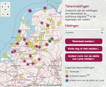 Aantal tekenbeten en Lyme gevallen gemeld op Tekenradar.nl tussen 23 en 30 oktober 2017
