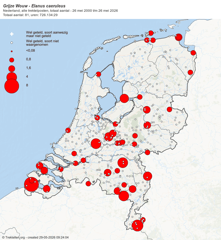 Figuur 3. Kaart van aantal Grijze Wouwen per telpost. Let op: het aantal teluren per telpost verschilt