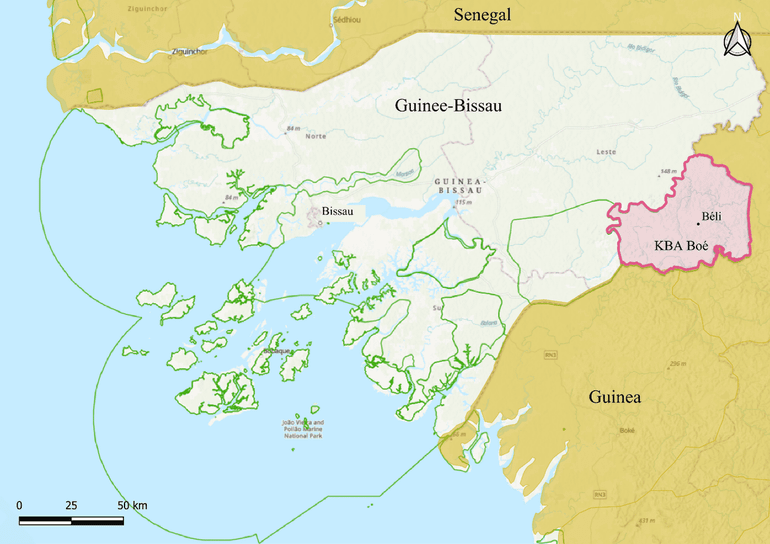 The nine existing Key Biodiversity Areas in Guinea-Bissau and the new Boé KBA in the south-east, on the border with Guinea