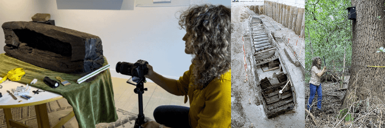 Marta onderzoekt een kindergrafkist en neemt houtsamples van een Romeins schip en een levende boom voor een referentiekalender