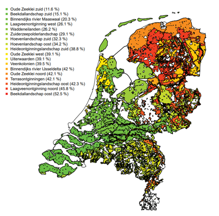 Predatiekaart van Nederland op basis van de berekende predatieverliezen per landschap voor de vijf vogelsoorten gecombineerd. Tussen haakjes is het predatieverlies vermeld