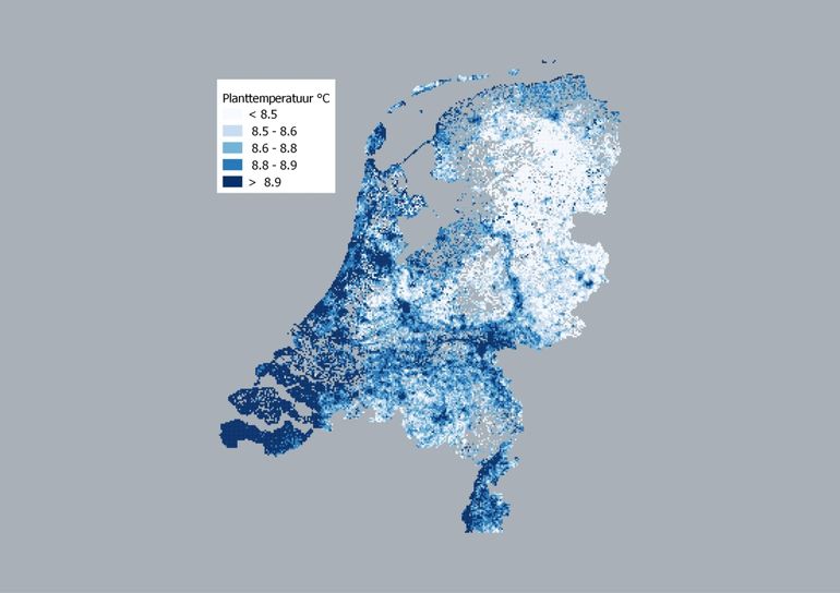 De klimaatkaart van de Nederlandse flora toont de gemiddelde temperatuur in ons land aan de hand van de plantengroei. De grijze gebieden zijn onvoldoende onderzocht op plantensoorten