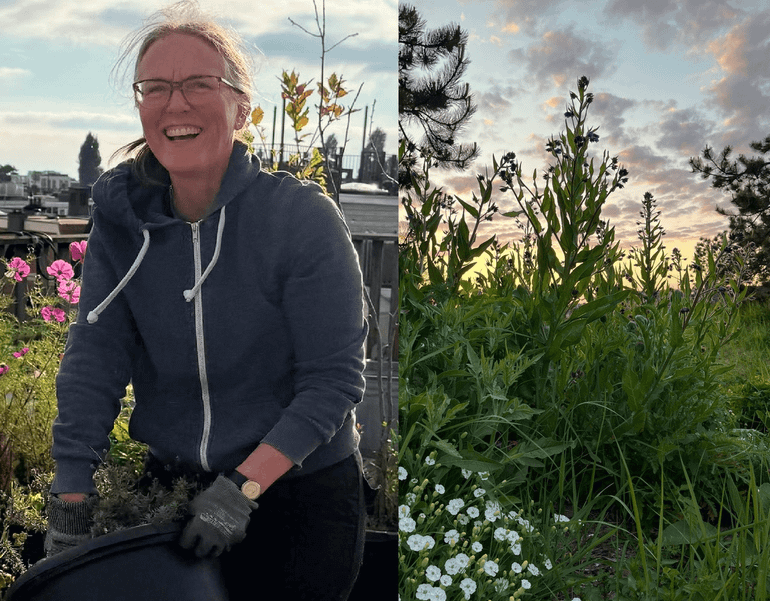 Licht- en donkerte-ontwerper Siegrid Siderius steekt haar handen uit de mouwen in haar tuin (links). Schemering brengt een unieke sfeer (rechts)
