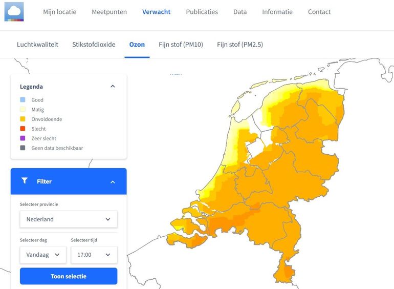 Verwachting ozonconcentratie voor zaterdag 23 mei 2026 om 17:00 uur