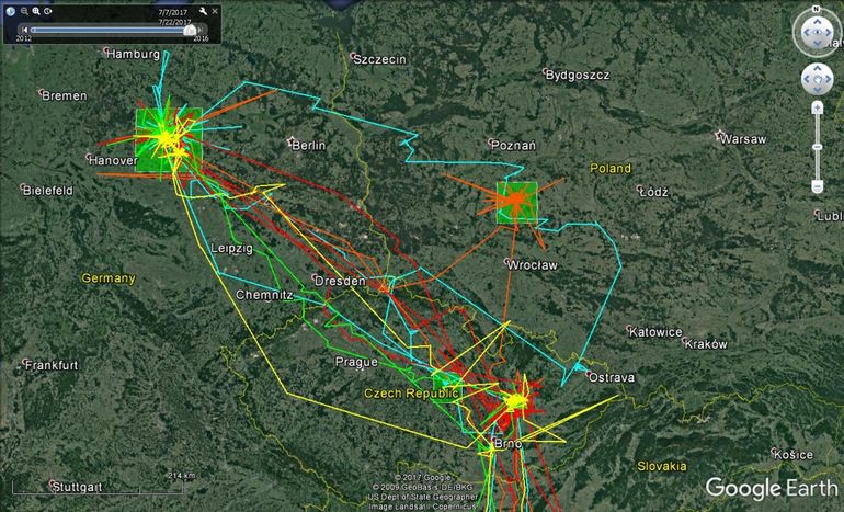 De drie broedgebieden van Astrid (groene hokjes): Saksen-Anhalt 2012, 2014, 2015, 2016; Polen 2013, Tsjechië 2017