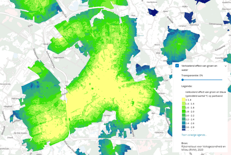 Kaart Verkoelend effect van groen water: in het centrum van Eindhoven is het verkoelende effect van groen en water aan de buitenranden groter dan midden in het centrum
