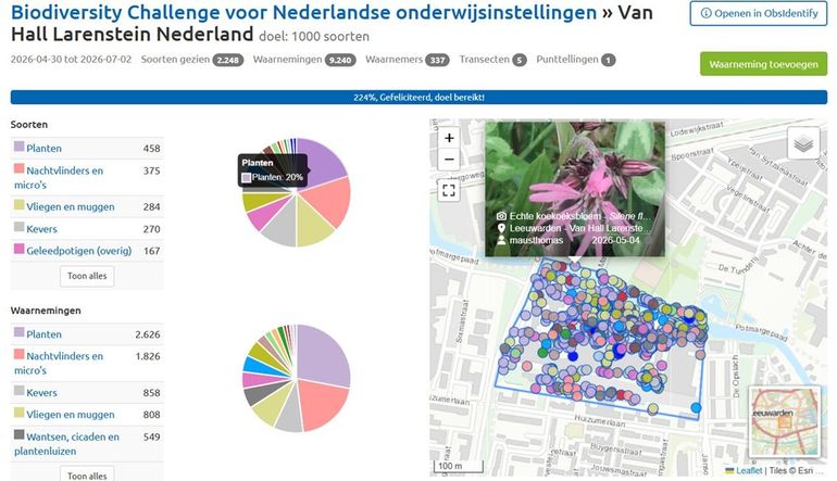 Screenshot van de resultatenpagina van Van Hall Larenstein Nederland, locatie Leeuwarden. Elk puntje is een waarneming. Op deze locatie zijn 1.641 verschillende dier- en plantensoorten aangetroffen