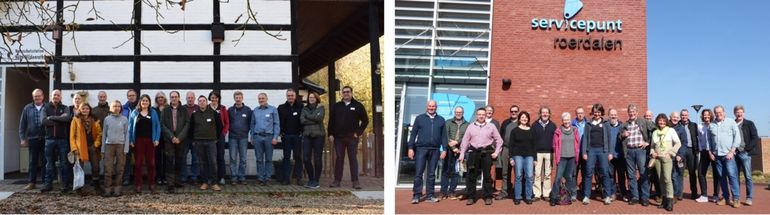 Links: deelnemers aan de eerste workshop in het Biologische Station Wildenrath (D); rechts: de afsluitende workshop in het gemeentehuis van de gemeente Roerdalen (NL)