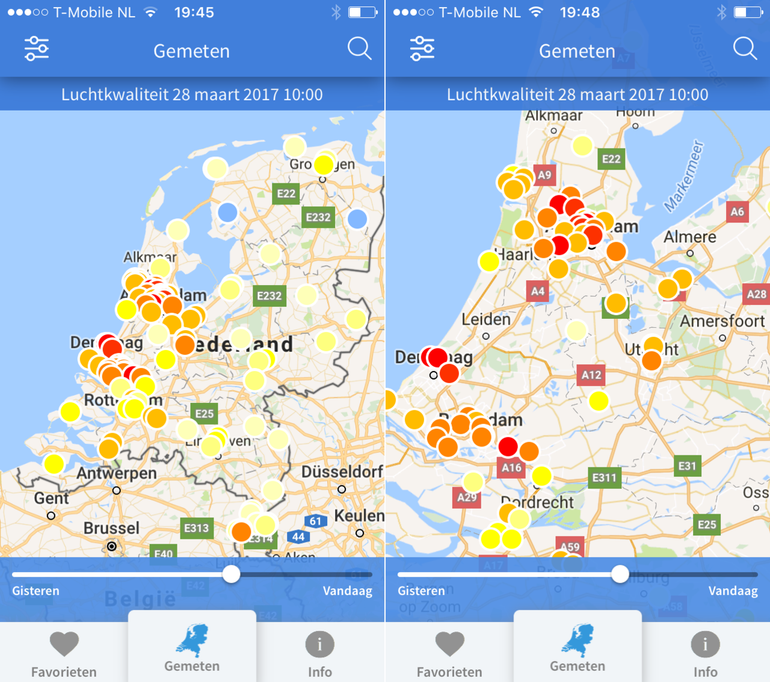 Gemeten luchtkwaliteit op 28 maart om 10 uur. Links heel Nederland en rechts ingezoomd op de Randstad. De rondjes geven de locaties aan waar de luchtkwaliteit gemeten wordt: de kleurcode voor de luchtkwaliteit is: geel=matig; oranje=onvoldoende; rood=slecht