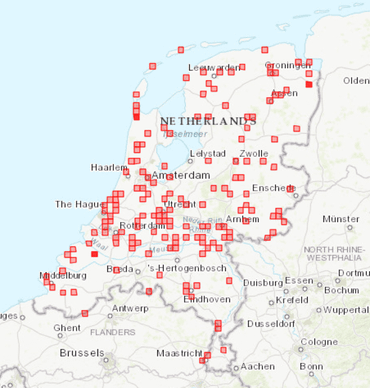 Egelwaarnemingen die tijdens deze Egeltelling zijn doorgegeven, per 5 bij 5 kilometerhok