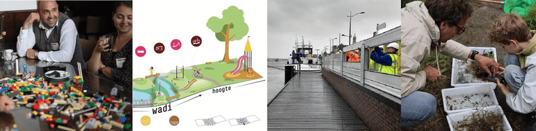Van links naar rechts: bouw de ideale Atlas met lego, spelen en sporten in wadi's, de Hoogbrigade in actie en waterdiertjes vangen