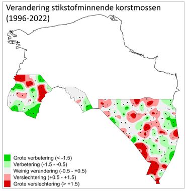 Verandering in de soorten korstmossen die indicatief zijn voor stikstofvervuiling tussen 1996 en 2022. Alleen de zuidelijke helft van de provincie (zandgronden) is onderzocht