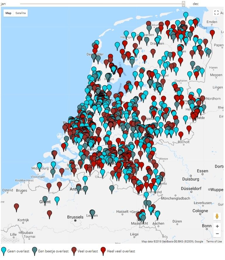 Meldingen mate van muggenoverlast doorgegeven in de periode 1 januari tot en met 12 juni 2018 via Muggenradar.nl