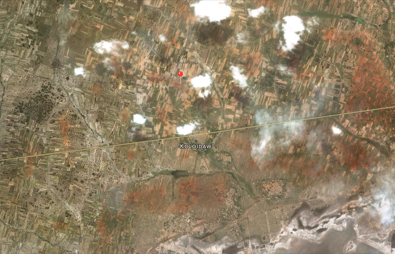 Satellietopname van het landbouwgebied ten noorden van Songor Lagoon (Ghana) waar Sally sinds 12 december vertoeft.