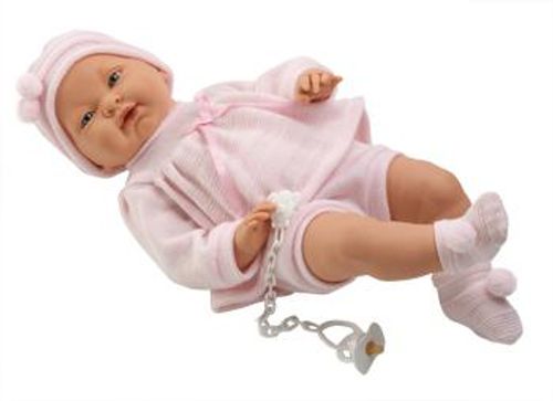 Babypop meisje blank Lengte 45 cm. Levering inclusief kleding en speen aan ketting.