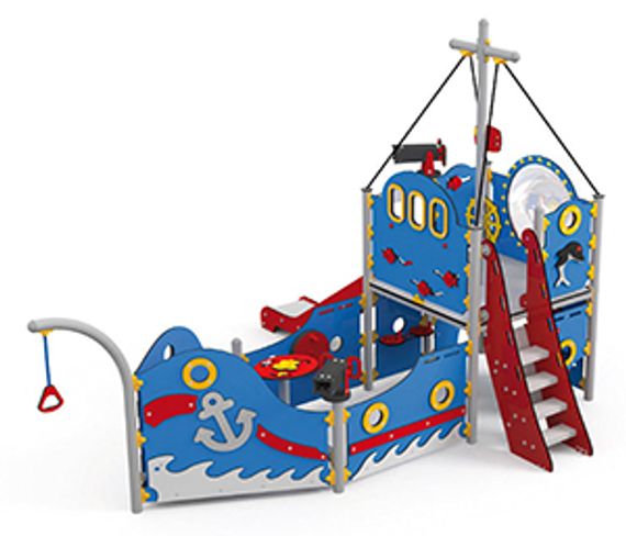 Spielschiff Coaster mit Treppe und offener Rutsche.