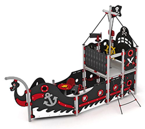 Piratenschiff mit Treppe und offener Rutsche.