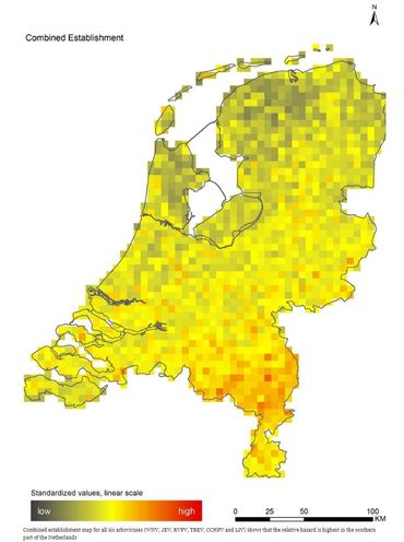 Combinatiekaart kans op virusuitbraak per vijf bij vijf kilometer