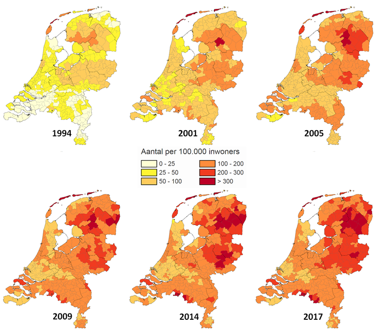 Geografische verdeling per gemeente van Lyme (erythema migrans) in Nederland, per 100.000 inwoners in 1994, 2001, 2005, 2009, 2014 en 2017