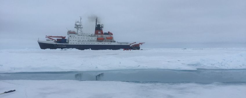 Onderzoeksschip Polarstern in het Arctische zee-ijs tijdens de vorige zomerexpeditie SiPCA, waar onderzoekers van Wageningen Marine Research en het Alfred Wegener Instituut het Arctische ecosysteem onderzochten