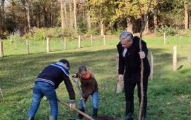 Gedeputeerde ten Bolscher plant met kinderen op landgoed Vilsteren de pronkboom, symbool voor de duizenden bomen die er bij komen.