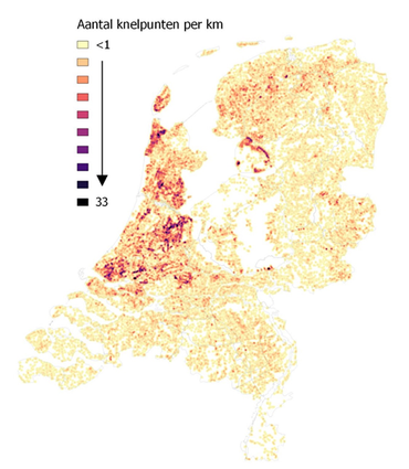 Aantal (potentiële) knelpunten voor de paling binnen een straal van een kilometer