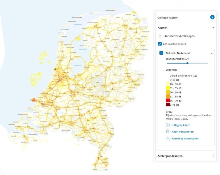 Kaart Geluid in Nederland: op deze kaart is goed te zien dat geluid van een fijnmazig netwerk van wegen komt
