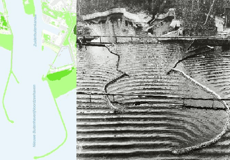 De zeearmen van de haven van IJmuiden; links de situatie nu, rechts het model in het Waterloopbos.