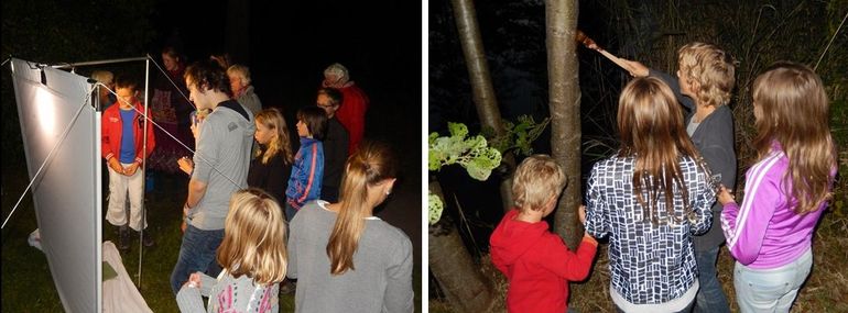 Methoden van nachtvlinderonderzoek: lamp met laken (links) en stropen (rechts)