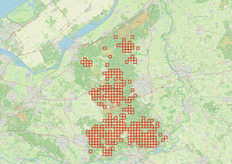 Waarnemingen (op kilometerhok) van de gladde slang op de Veluwe. Op de hele Noord-Veluwe ontbreken geregistreerde waarnemingen