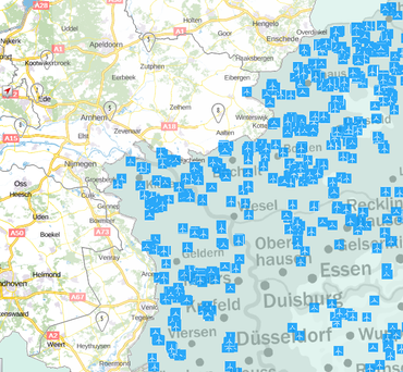 Voorbeeld van een kaart die windmoleninformatie uit Nederland en Duitsland samen weergeeft