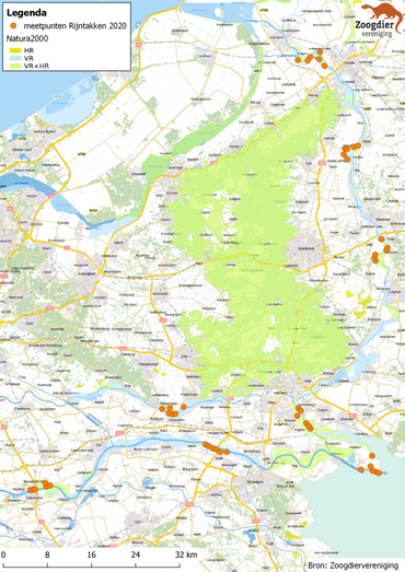 Meetlocaties met elk zes meetpunten uitgezet voor het monitoren van het foerageergebied van de meervleermuis in Natura 2000-gebied Rijntakken