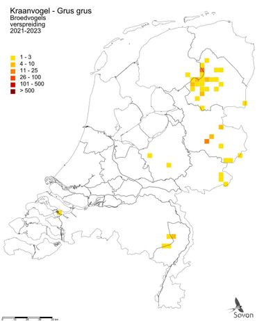 Verspreiding van kraanvogelparen in Nederland in de periode van 2021 tot en met 2023