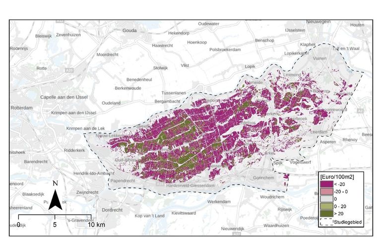 De netto contante waarde (voor de periode 2025-2055) voor de toepassing van drukdrainage op gewaspercelen op veengrond in de Alblasserwaard en Vijfheerenlanden