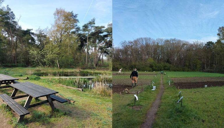 De Heemtuin in Malden. Links: de koffietafels. Rechts: aan het werk op de akkers.