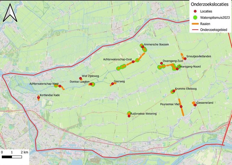 Overzicht van onderzoekslocaties en vangsten van waterspitsmuizen