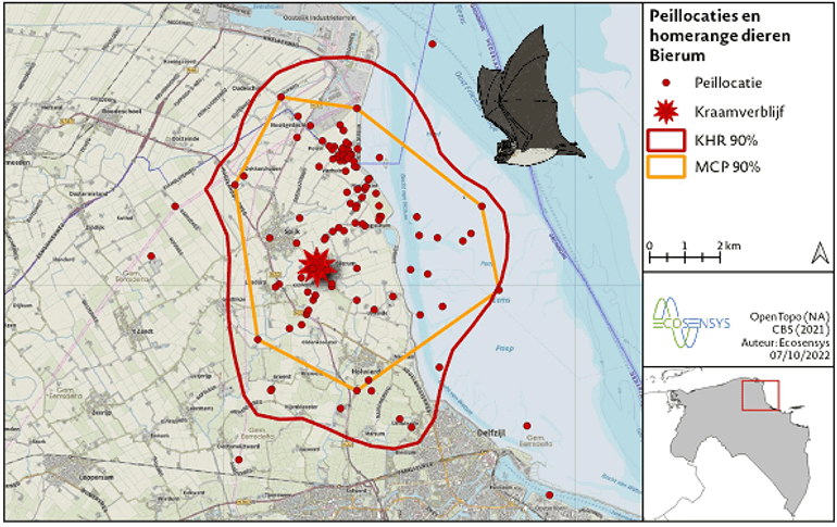 Positie van vanglocatie, peillocaties en leefgebied van alle gezenderde tweekleurige vleermuizen van de vanglocatie Bierum gezamenlijk