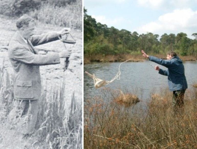 De kiezelwieren worden nog steeds op dezelfde wijze (rechts) bemonsterd als 100 jaar geleden (links). Links zien we Heimans en rechts neemt Herman van Dam een monster in het Achterste Goorven